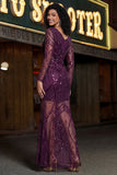 Abito da cerimonia qa maniche lunghe con scollo a V viola con paillettes