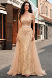 Vestito lungo da cerimonia sirena con paillettes e paillettes a spalla allo champagne