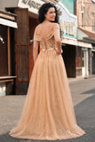 Vestito lungo da cerimonia sirena con paillettes e paillettes a spalla allo champagne