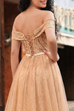 Vestito lungo da cerimonia sirena con paillettes e paillettes a spalla allo champagne