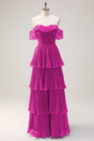 Eucalipto A linea Off the Spalla Tiered Pleted Abito da damigella d'onore lungo con fessura