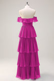 Eucalipto A linea Off the Spalla Tiered Pleted Abito da damigella d'onore lungo con fessura