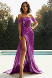 Oro Off The Spalla Guaina Metallico Raso Prom Dress con fessura