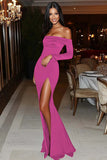 Borgogna Off-the-Shoulder Satin Stub Abito Gala con Spacco
