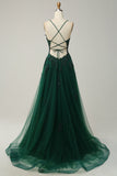 Verde A-Line Spaghetti Straps Tulle Abito lungo da cerimonia con incrocio posteriore