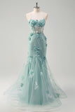 Blu sirena spaghetti spalline tulle corsetto lungo abito da ballo con fiori 3D