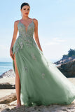 Verde A-Line Spaghetti Straps Tulle Abito lungo da cerimonia con incrocio posteriore