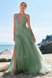 Verde A-Line Spaghetti Straps Tulle Abito lungo da cerimonia con incrocio posteriore