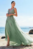 Verde A-Line Spaghetti Straps Tulle Abito lungo da cerimonia con incrocio posteriore