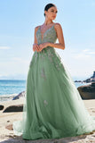 Verde A-Line Spaghetti Straps Tulle Abito lungo da cerimonia con incrocio posteriore