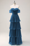 Eucalipto A linea Off the Spalla Tiered Pleted Abito da damigella d'onore lungo con fessura