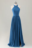 Grigio Blu A-Line Halter Abito da damigella d'onore lungo con fessura