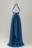 Grigio Blu A-Line Halter Abito da damigella d'onore lungo con fessura