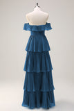 Eucalipto A linea Off the Spalla Tiered Pleted Abito da damigella d'onore lungo con fessura