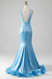 Glitter blu con scollo a V Mermaid Prom Dress