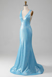 Glitter blu con scollo a V Mermaid Prom Dress