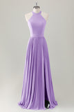 Grigio Blu A-Line Halter Abito da damigella d'onore lungo con fessura