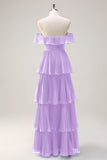 Eucalipto A linea Off the Spalla Tiered Pleted Abito da damigella d'onore lungo con fessura