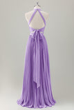 Grigio Blu A-Line Halter Abito da damigella d'onore lungo con fessura
