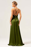 Borgogna A Line Spaghetti Straps Backless Satin Abito da damigella d'onore lungo con fessura