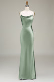 Dusty Blue guaina Spaghetti Straps Backless Satin Abito da damigella d'onore lungo