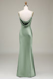 Dusty Blue guaina Spaghetti Straps Backless Satin Abito da damigella d'onore lungo