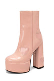 Stivali con tacco alto chunky block con piattaforma in pelle PU nera con cuori rosa