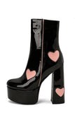 Stivali con tacco alto chunky block con piattaforma in pelle PU nera con cuori rosa