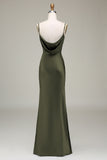 Dusty Blue guaina Spaghetti Straps Backless Satin Abito da damigella d'onore lungo