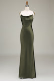 Dusty Blue guaina Spaghetti Straps Backless Satin Abito da damigella d'onore lungo