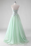 Paillettes verde chiaro una linea senza spalline increspato abito da sposa ospite