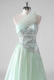 Paillettes verde chiaro una linea senza spalline increspato abito da sposa ospite