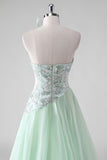 Paillettes verde chiaro una linea senza spalline increspato abito da sposa ospite