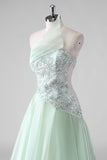 Paillettes verde chiaro una linea senza spalline increspato abito da sposa ospite