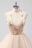 A Line Tiered Champagne Halter Beaded Abito da Cerimonia