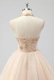 A Line Tiered Champagne Halter Beaded Abito da Cerimonia