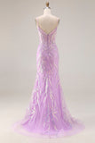 Corsetto Sirena viola scintillante paillettes abito lungo da Cerimonia con appliques di pizzo