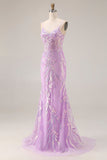 Corsetto Sirena viola scintillante paillettes abito lungo da Cerimonia con appliques di pizzo