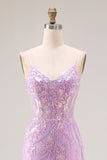 Corsetto Sirena viola scintillante paillettes abito lungo da Cerimonia con appliques di pizzo