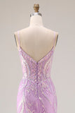 Corsetto Sirena viola scintillante paillettes abito lungo da Cerimonia con appliques di pizzo