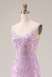 Corsetto Sirena viola scintillante paillettes abito lungo da Cerimonia con appliques di pizzo