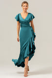 Olive A Line V Neck Satin Abito da damigella d'onore asimmetrico con fessura a balze