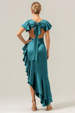 Olive A Line V Neck Satin Abito da damigella d'onore asimmetrico con fessura a balze