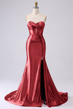 Corsetto sirena di raso fucsia senza spalline Abito da cerimonia lungo PLus size con fessura
