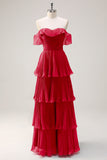 Eucalipto A linea Off the Spalla Tiered Pleted Abito da damigella d'onore lungo con fessura