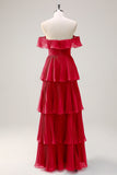 Eucalipto A linea Off the Spalla Tiered Pleted Abito da damigella d'onore lungo con fessura