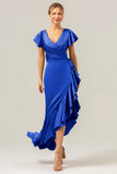 Olive A Line V Neck Satin Abito da damigella d'onore asimmetrico con fessura a balze