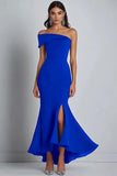 Abito formale monospalla in crêpe blu navy con spacco