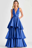 Fucsia A-Line V Neck Ruffles Abito lungo da cerimonia