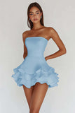 Bianco senza spalline A Line Tiered Matte Satin Graduation Dress